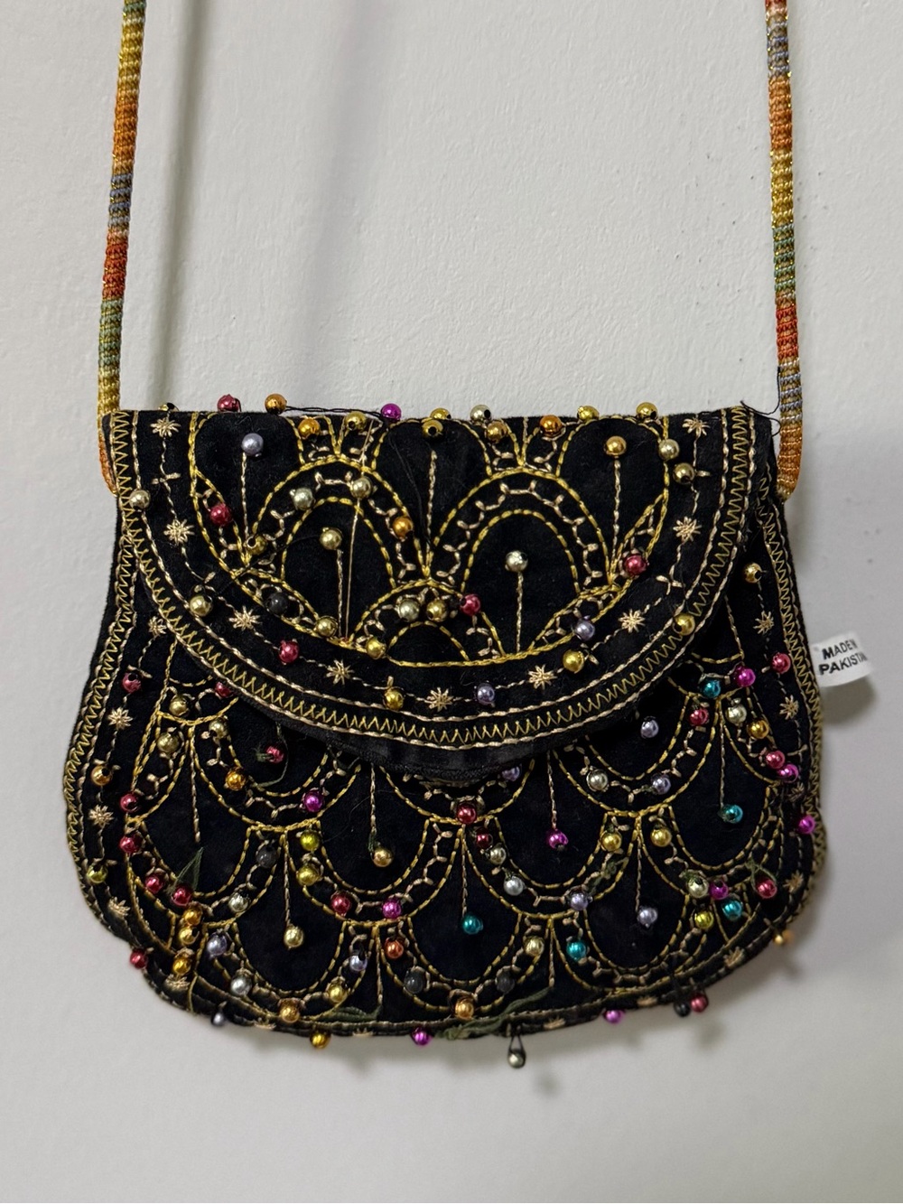 Vintage Beaded Embroidered Crossbody Purse Black Boho Evening Bag Pakistan